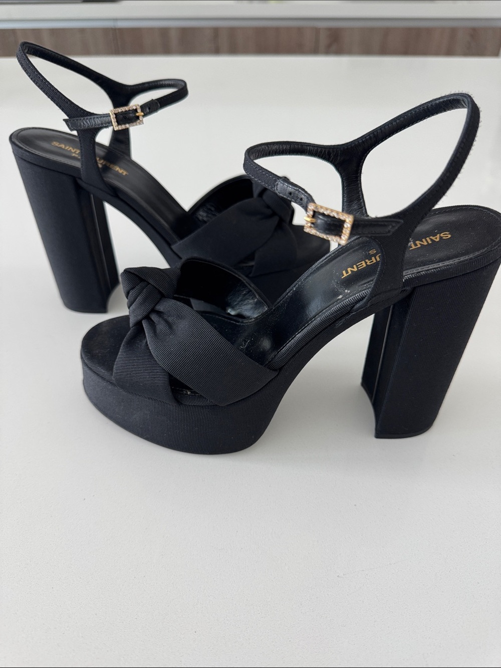 Saint Laurent Black Knotted Platform Heels with Gold Buckles